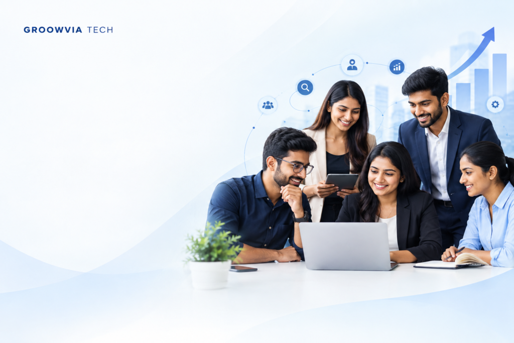 Team collaborating around a laptop